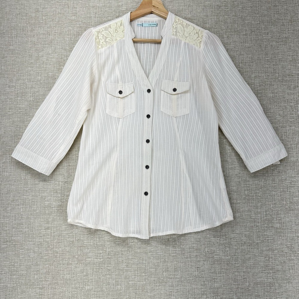 Maurices Blouse Size M Ivory Stripe Fitted Button Roll Tab‎ Sleeves Semi Sheer